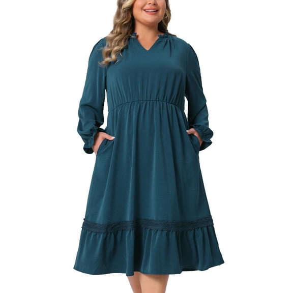 DARING DIVA Plus Size Ruffle V Neck Long Sleeve Midi Casual Dress 1X Peacock Blue