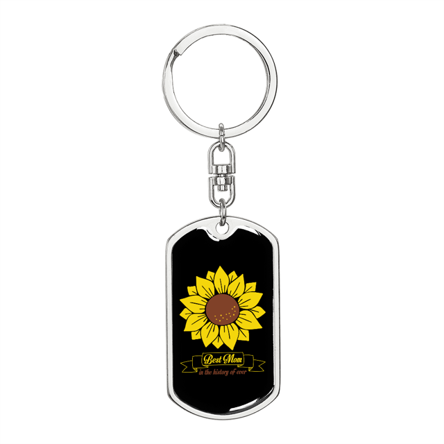 Best Mom Sunflower Stainless Steel or 18k Gold Premium Swivel Dog Tag Keychain