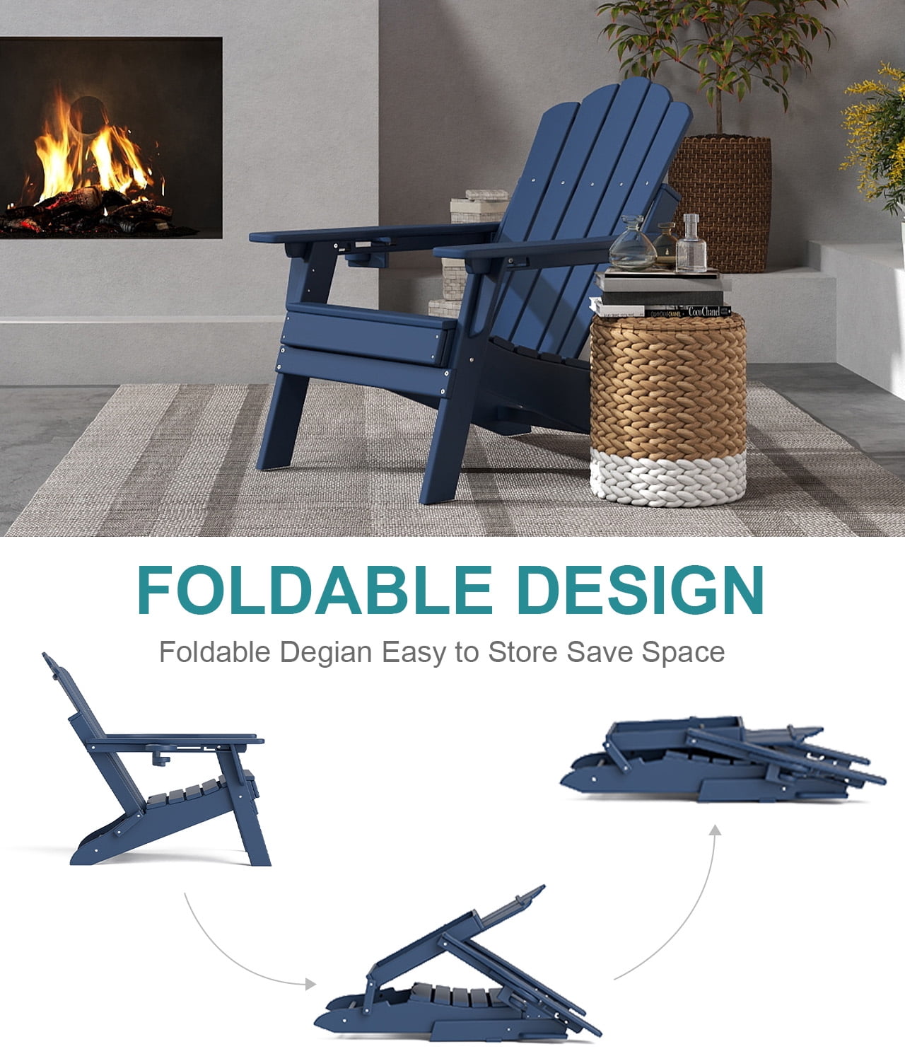 FOOWIN Adjustable Backrest Folding Adirondack Chair with Cup Holder, HDPE Weather Resistant Fire Pit Chair, Navy Blue