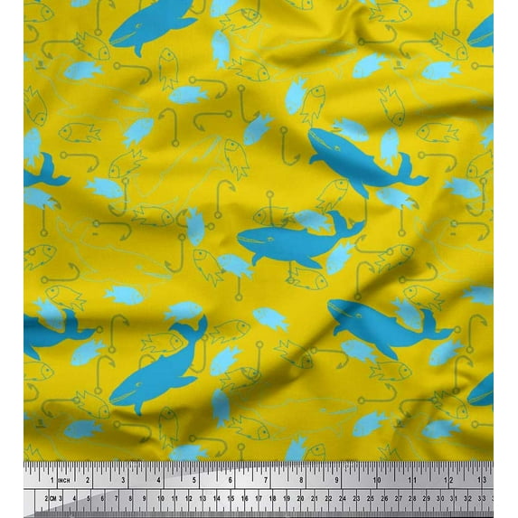 Soimoi Velvet Fabric Fishing Hook,Fish & Whale Ocean Print Sewing Fabric Yard 58 Inch Wide