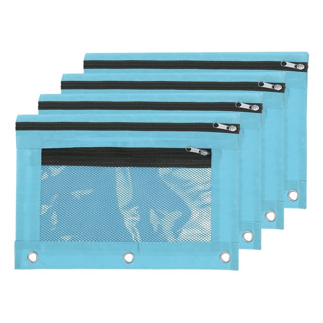 Unique Bargains Pencil Pouch for 3 Rings Binder, 4 Pack Oxford Cloth Mesh Zipper Binder Pouch Pencil Case Sky Blue