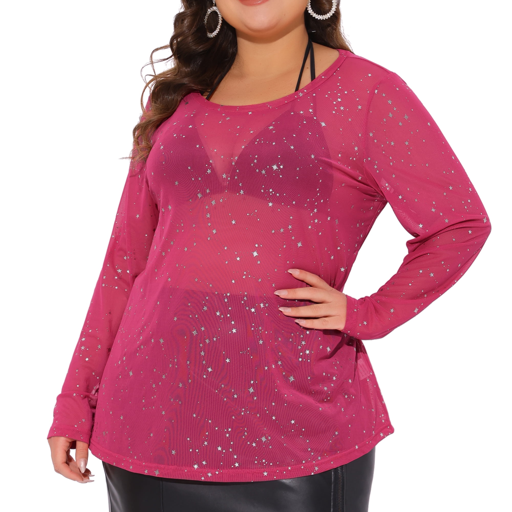 DARING DIVA Women's Plus See Through Mesh Long Sleeve Crew Neck Party Blouse 1X Hot Pink