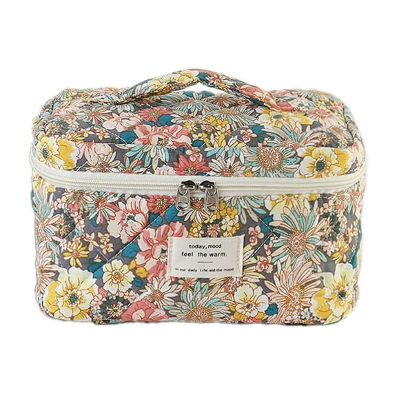 Large Quilted Makeup Bag Cute Travel Cosmetic Bag Flower Print Wash Bag for Women and Girls