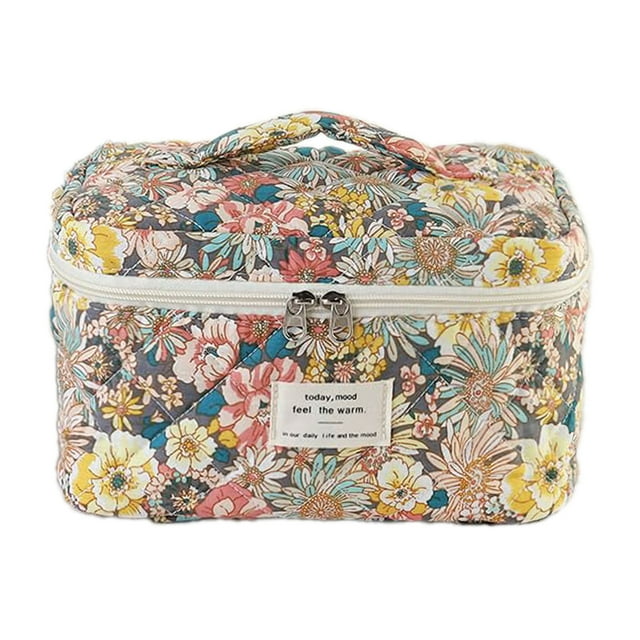 Neceser acolchado, neceser de viaje grande, neceser bonito con flores, adecuado para mujeres y niñas