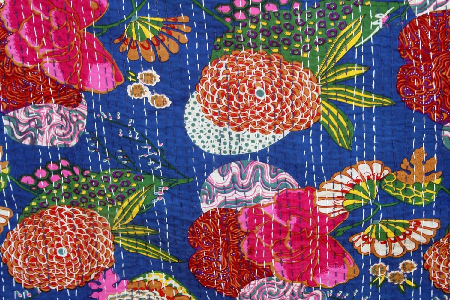 Indian Handmade Floral Print Kantha Quilt, Bedspread , Blanket Size ( King 108" x 108" )