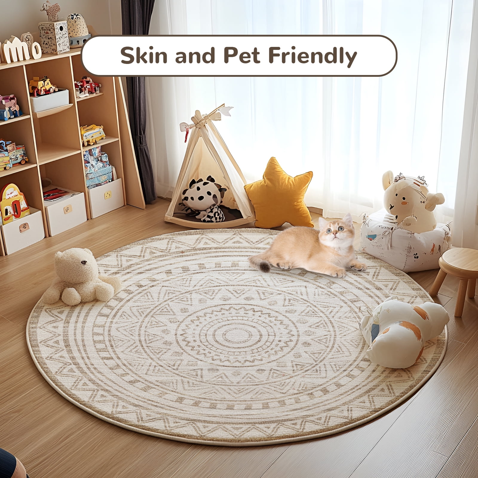 Pentantan 4'x4' Vintage Round Area Rugs, Machine Washable Living Room Rug, Soft Moroccan Indoor Carpet for Bedroom, Brown
