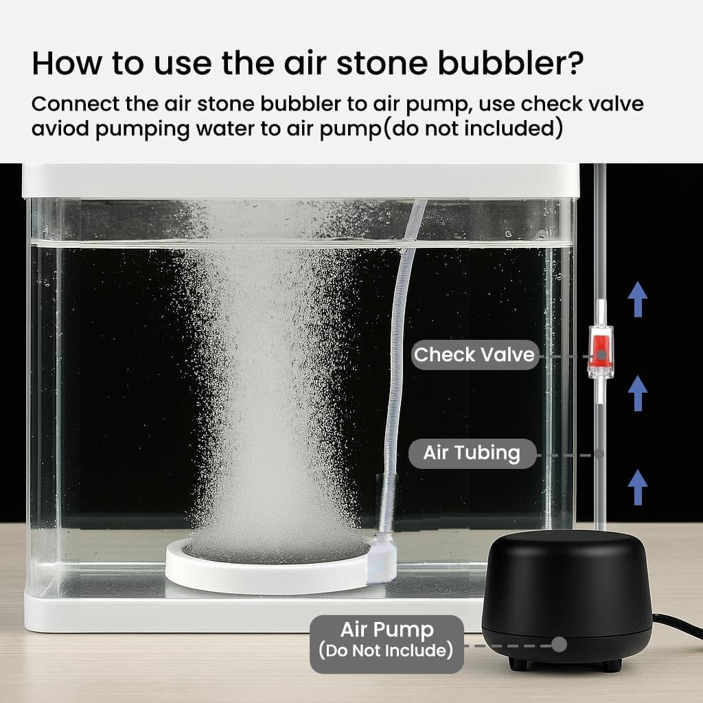 Aquarium Air Stone Bubbler 13cm, Nano Oxygen Diffuser for Fish Tank, Ultra-Fine Micro Bubble Disk with Stainless Steel Elbow Connector, Quiet Operation (Air Pump Not Included)