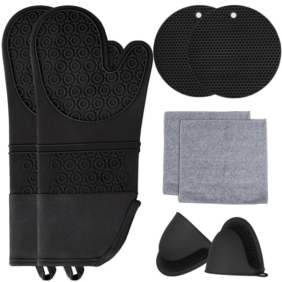8Pcs Oven Mitts and Pot Holders, Silicone Oven Mitts and Hot Pads Sets with Mini Oven Gloves and Dish towels, Oven Gloves Soft Cotton Lining, Waterproof, BPA-Free, Black