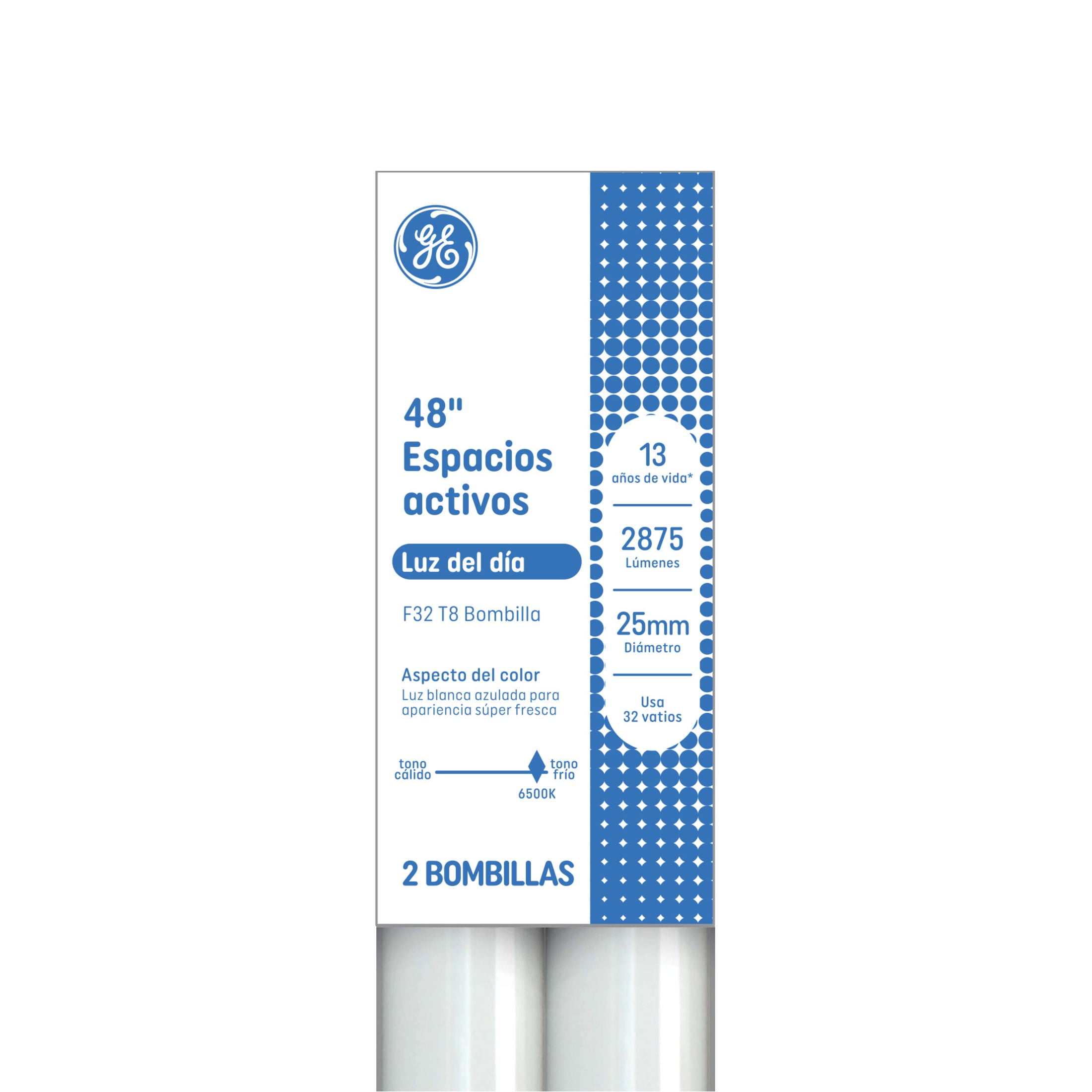 (2 pack) GE Fluorescent Tube Light Bulbs, 32 Watt, Daylight, 48in, T8 Bulb, G13 Base, 2pk