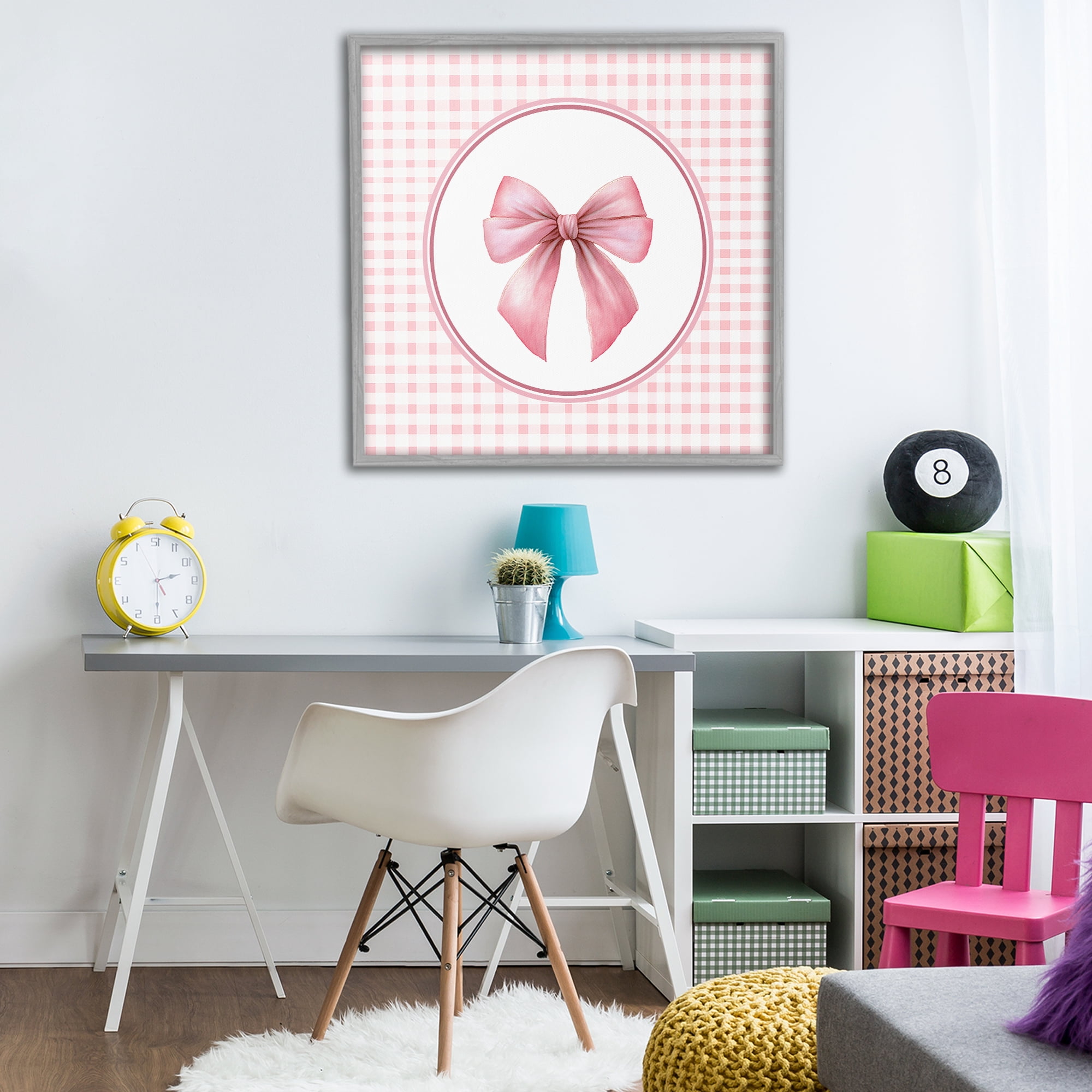 Stupell Industries Pink Bow with Circular Gingham Gray Framed Giclee Art, design by Christine Simpson Art