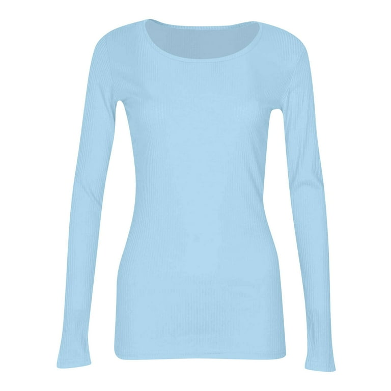 GIPQJK Blue Long Sleeve Shirts for Women Ribbed Knit Skims