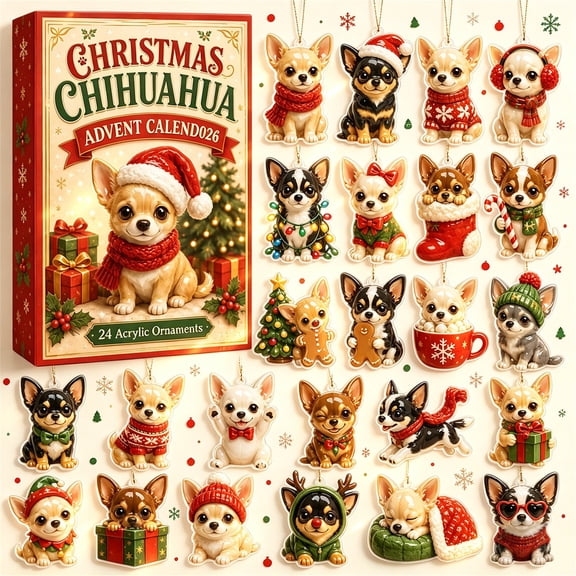 Christmas Advent Calendar 2026, Chihuahua Christmas Countdown Calendar 2026, 24 Day 2D Acrylic Ornament Countdown, bldnkj, 1 Pack 7.08x10.23 Inch