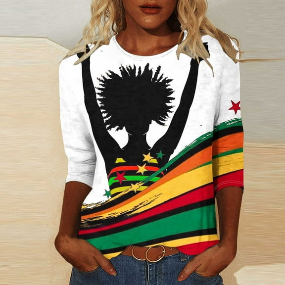 LYEAA Women Black Heritage Graphic Tee 3/4 Sleeve Round Neck Cotton Shirt Loose Fit Casual Tops African American Cultural Apparel Multicolor S