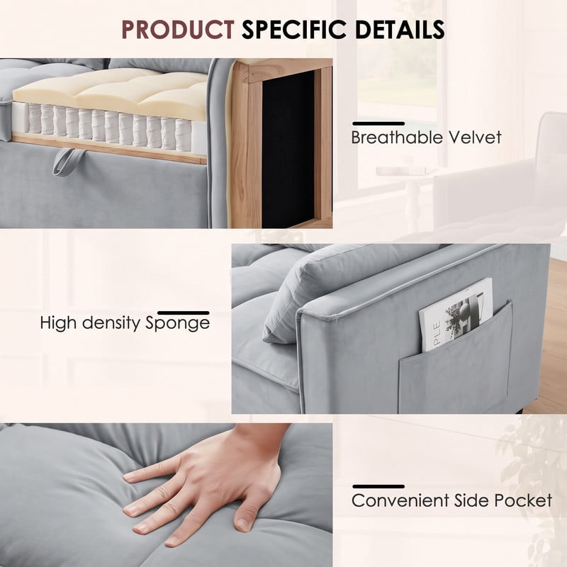 avobird 3 in 1 Convertible Sleeper Futon Sofa Bed, 55" Pull Out Sofa Bed with Storage Pocket/Side Pocket/2 Pillows for Living Room, Gray
