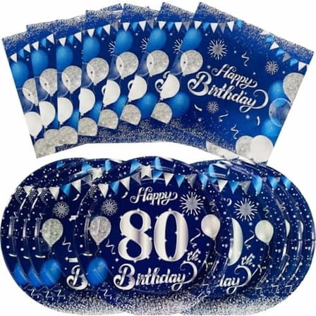 40PCS80 Birthday Party Supplies 80 Year Disposable Tableware Happy Birthday Party Plates and Napkins Blue and SilverTable Decoration, Suitable for 20 Guests