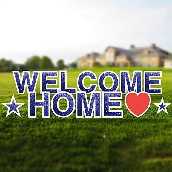 Vispronet Welcome Home Yard Sign with Stakes – Each Letter is 18in Tall – Made from Durable Coroplast - Weather-Resistant Signs and Steel Stakes (Faux Glitter Dark Blue)