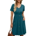 thumbnail image 4 of Usmixi Dresses for Women 2023 Casual Button Down Pocket Pleated Swing A Line Midi Dresses Short Sleeve V-Neck Solid Summer Knee-Length Sun Dress Green XL Clearance Clothes, 4 of 7