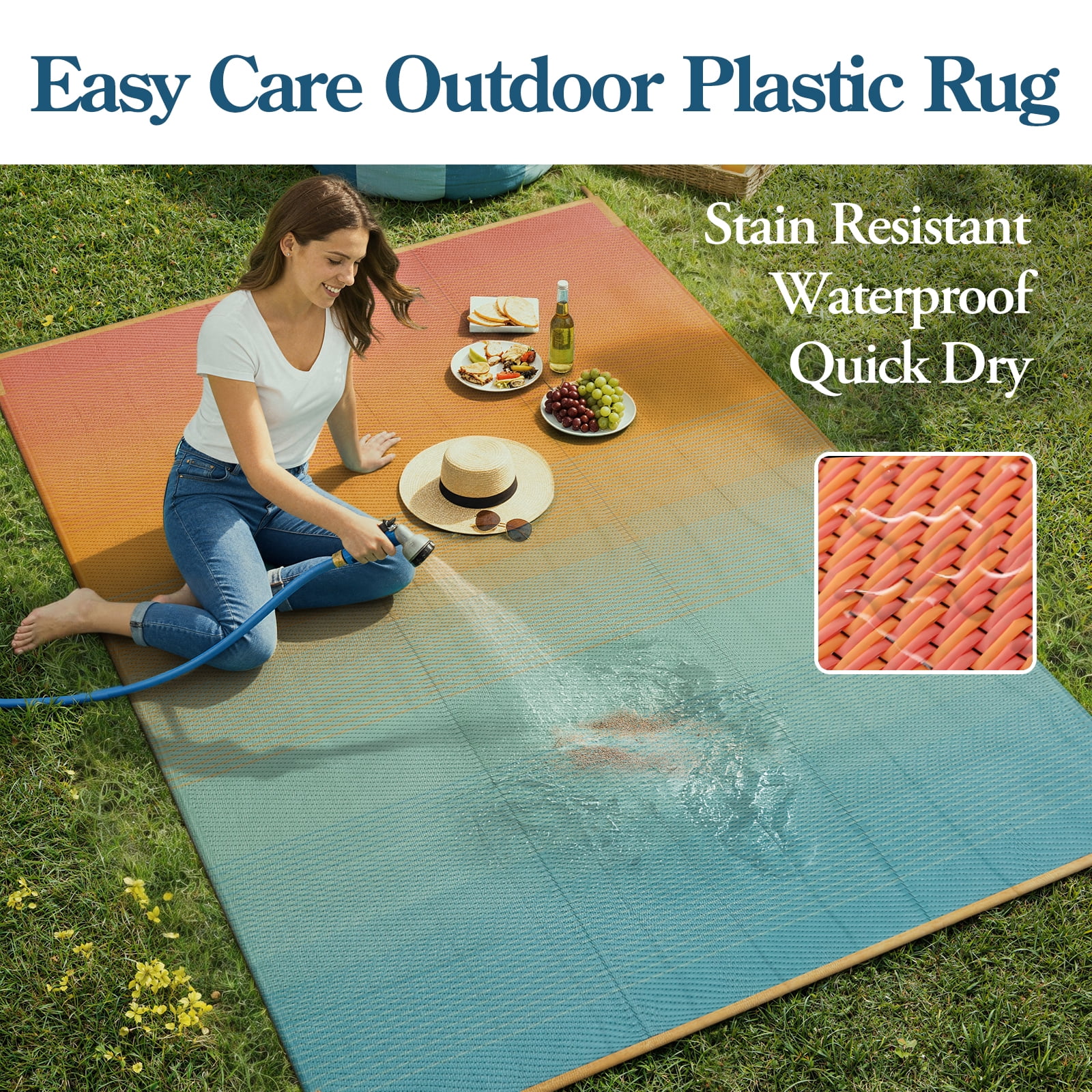 SUNDEREY Outdoor Rug 5'x8', Waterproof Reversible Plastic Straw Mat for Patio, RV & Camping - Non-Slip UV Resistant Carpet for Beach, Poolside & Deck, Orange & Blue