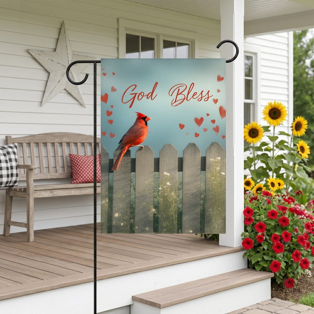 july 4th garden flag A red bird sitting on top of a wooden fence. God Bless 4th july decorations 28x40 Inch Large Format americana home decor