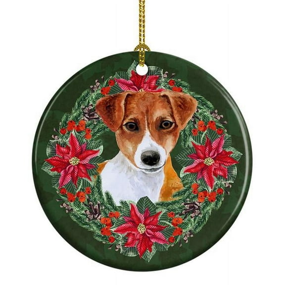 Jack Russell Terrier Poinsetta Wreath Ceramic Ornament 2.8 in x 2.8 in