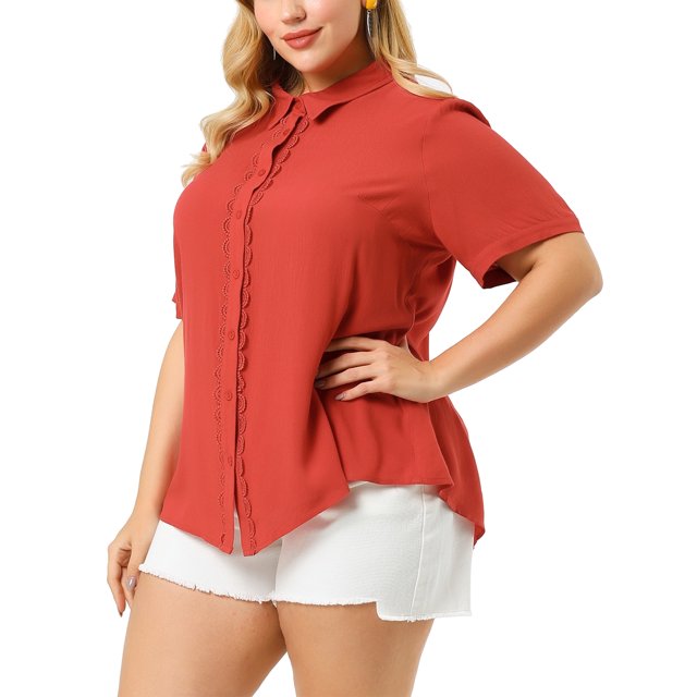Women's Plus Size Shirt Short Sleeve Lace Inset Button Up Collar Top