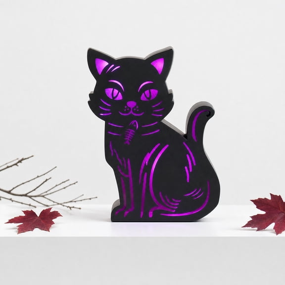 Black Cat Lamp, Metal Halloween Decor with Purple LED Light, Spooky Indoor Halloween Decorations for Table & Mantel