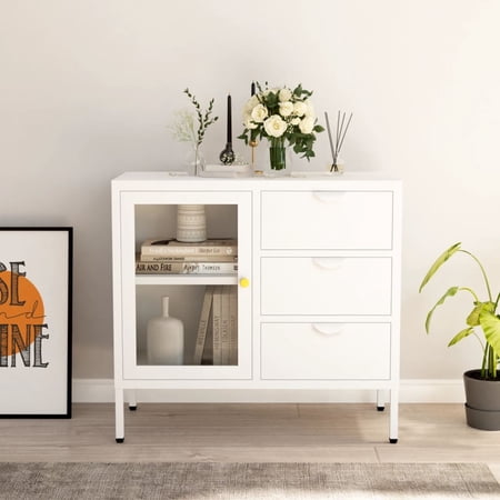 Dcenta Sideboard White 29.5in x 13.8in x 27.6in Steel and Tempered Glass Storage Cabinet Sofa End Table for Living Room  Bedroom  Home Furniture