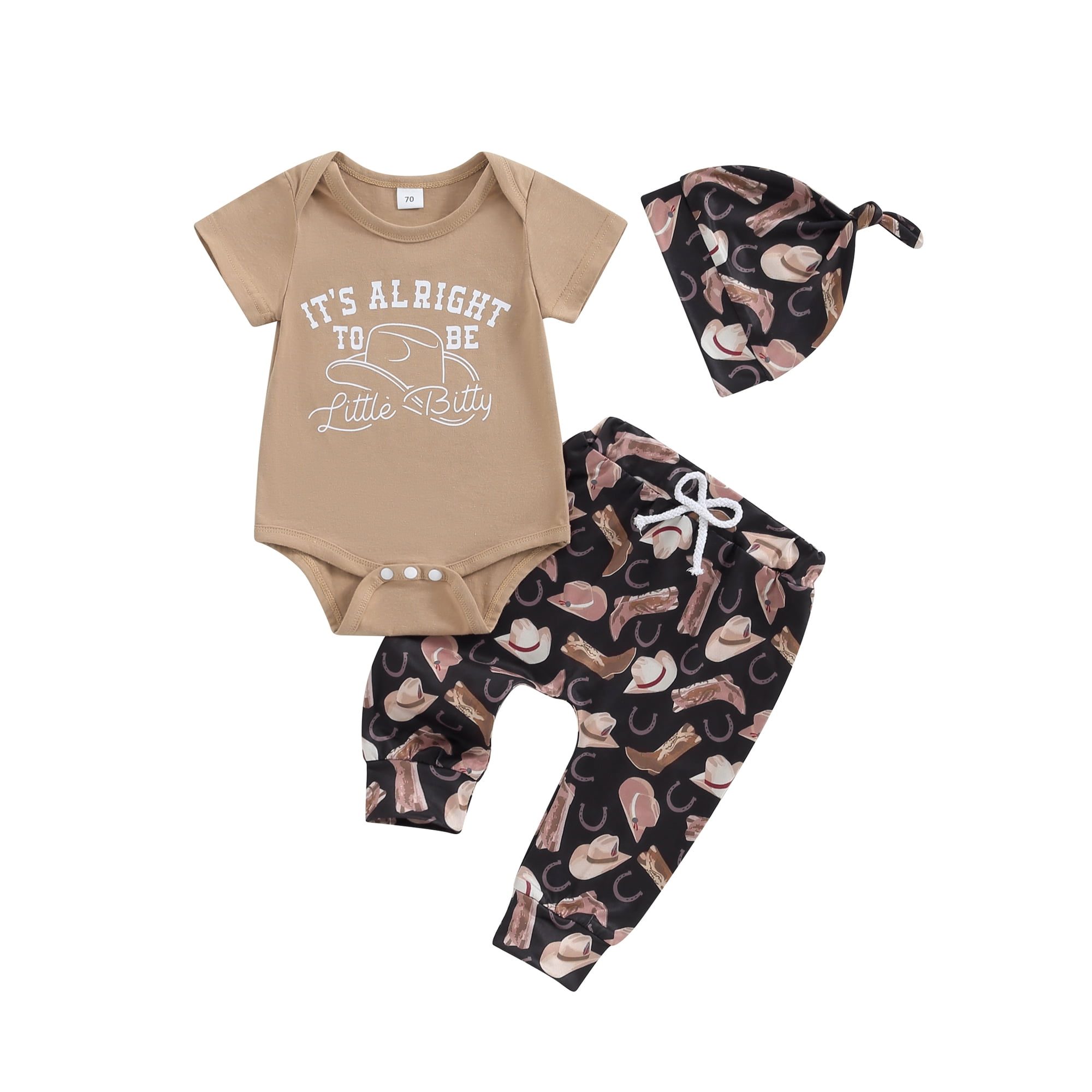 Pudcoco Baby Boy Western Outfit Letter Print Short Sleeve Romper Boot Print Pants Hat 3 Piece Newborn Clothing Set