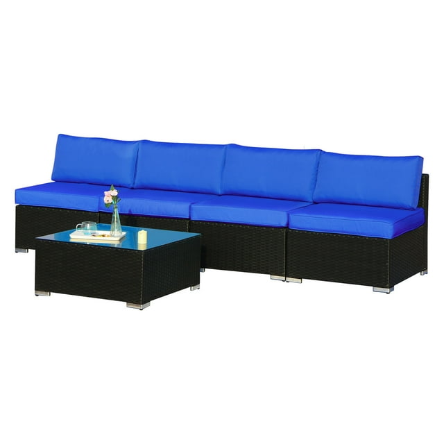 Cozyhom 5 Piece Patio Furniture Sets, All-Weather PE Wicker Rattan Outdoor Sectional Sofa with Coffee Table & Washable Couch Cushions, Royal Blue