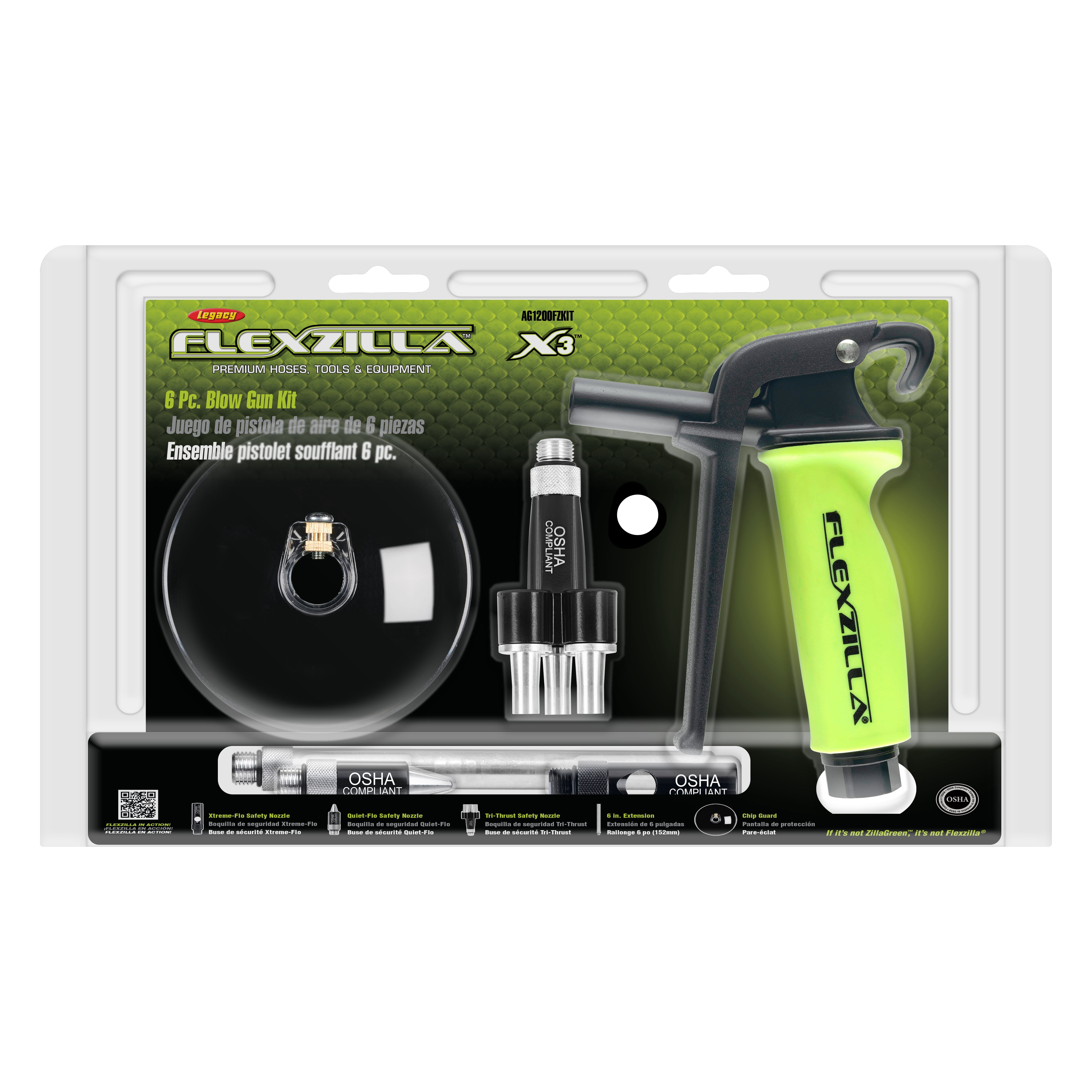 Flexzilla X3, Ergonomic ZillaGreen Blow Gun Kit 6-Piece Air Blow Gun 1/4 in Air Inlet Size MNPT
