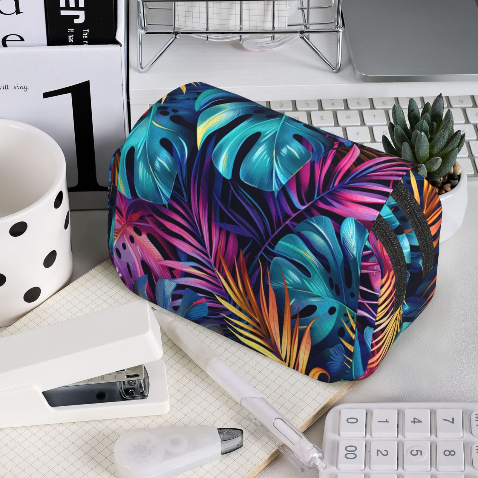 Rateoe Colorful Tropical Leaves Pattern Double Clamshell Pen Case, Storage Organizer with Two Zipper Compartments– Holds Up to 50 Pencils & Pens