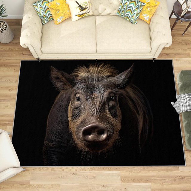 5x7 Rug, Wild Boar Rug Washable Non Slip Soft for Living Room Bedroom, 3D Wild Animal Area Rug, Black Carpet, Wild Boar Home Decor & Gifts