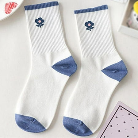 

Fantadool Chic Light Blue Floret Cute Flowers Stripes Soft Cotton Socks Skyblue Literary Campus Mid-Tube Sox Girls Xmas Gift