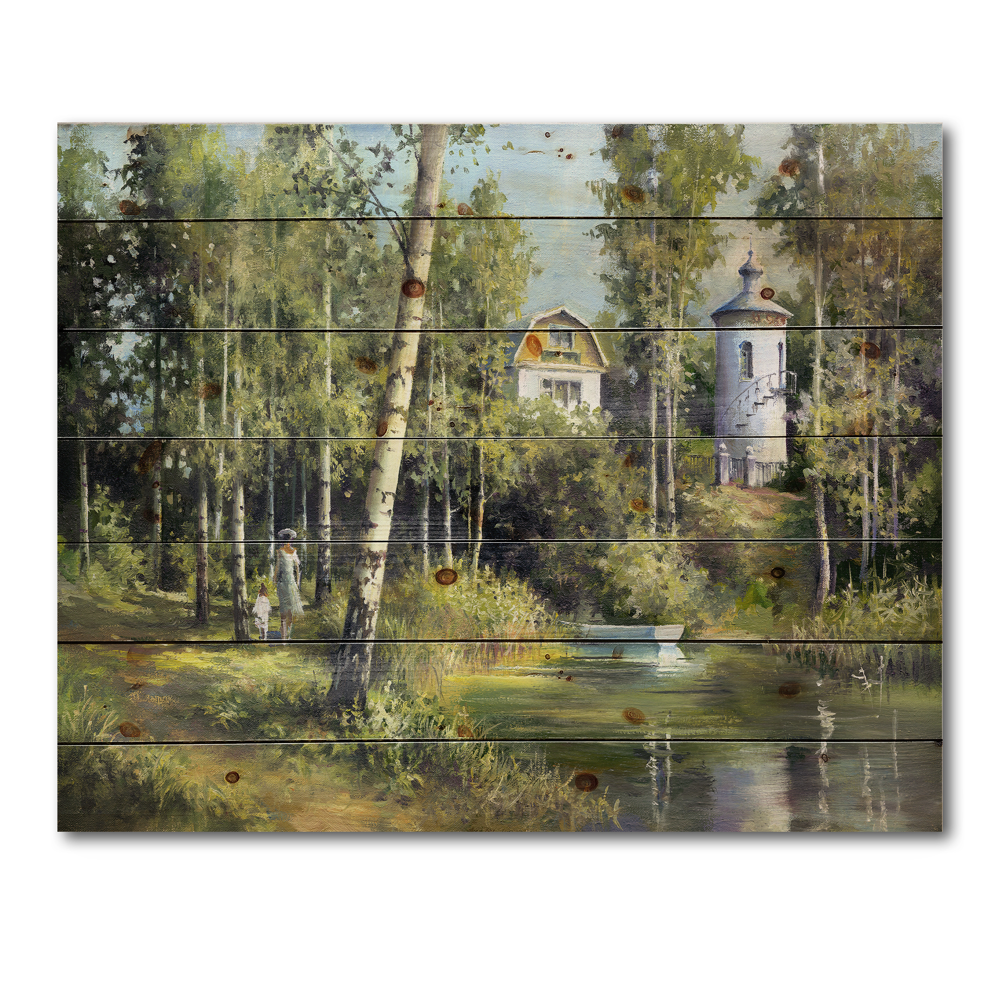 Designart 'The Wood River With Boat On A Decline By The Castle' Lake House Print on Natural Pine Wood