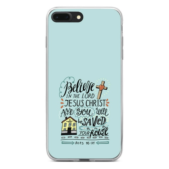 DistinctInk Clear Shockproof Hybrid Case for iPhone 7 PLUS / 8 PLUS (5.5" Screen) - TPU Bumper, Acrylic Back, Tempered Glass Screen Protector - Acts 16:31 - Believe in the Lord Jesus Christ
