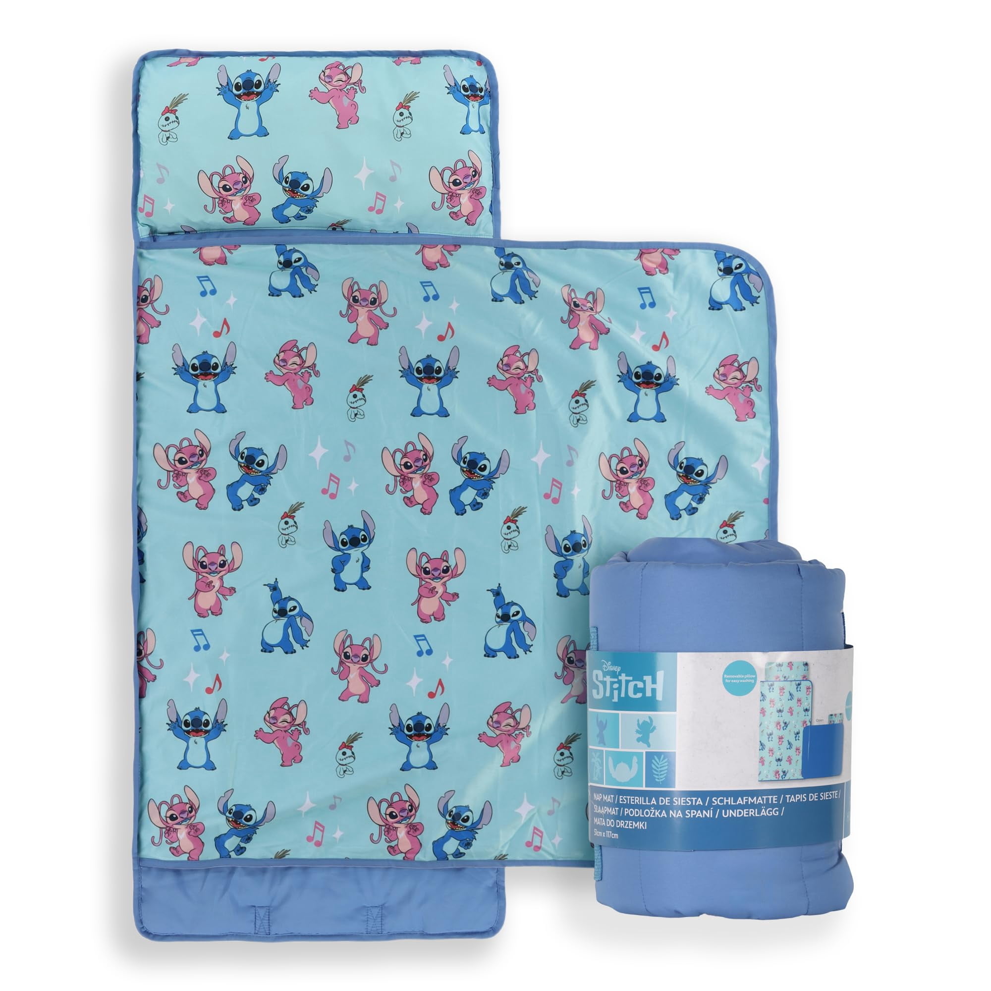 Jay Franco Kids Nap Mat Cartoon Embedded Pillow & Blanket – Soft 46"x20"Microfiber Sleeping Bag with Name Tag & Handle for School, Travel, Sleepover, Blue - Lilo & Stitch