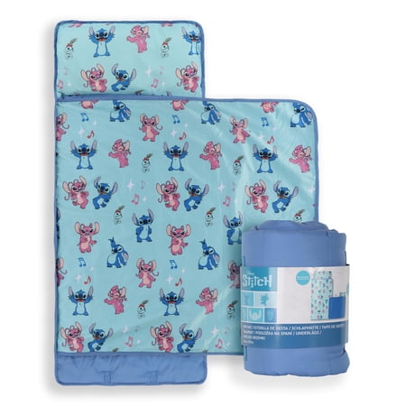Jay Franco Kids Nap Mat Cartoon Embedded Pillow & Blanket – Soft 46"x20"Microfiber Sleeping Bag with Name Tag & Handle for School, Travel, Sleepover, Blue - Lilo & Stitch