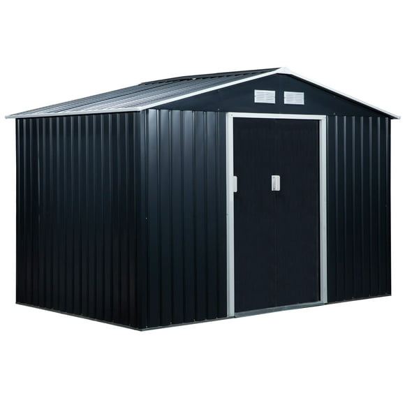 Outsunny 9' x 6' Garden Storage Shed with Foundation Kit, Metal Tool Storage House with Double Doors for Outdoor Patio Yard, Dark Grey