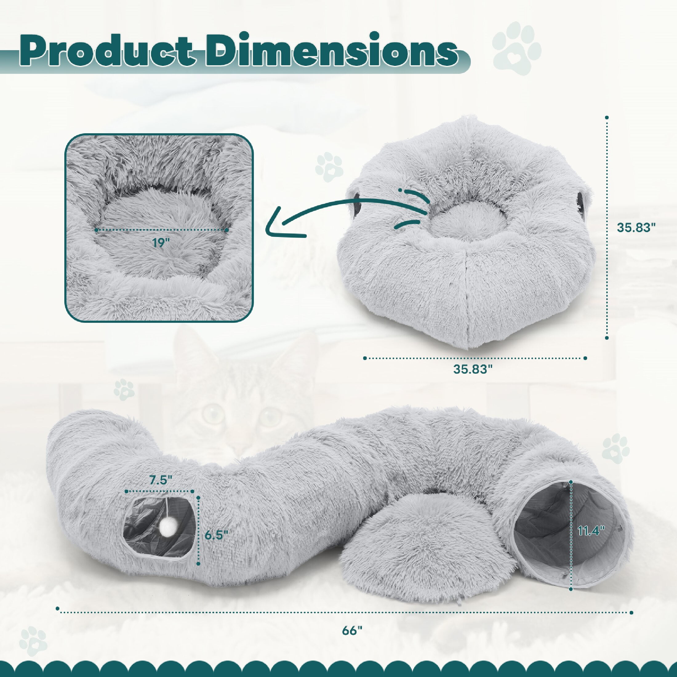 edx Cat Tunnel Bed for Indoor Cats, Soft Plush Peekaboo Hideaway Cave with Circle Cushion, Washable Multifunctional Playground Cat Donut Tunnel for Kittens, Rabbit, Ferret, Grey