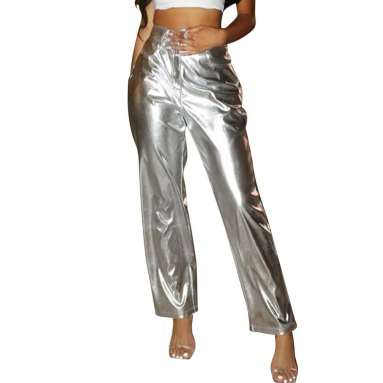 SEMIMAY Silver Metallic Straight Leg Pants For Women High SEMIMAY Silver Metallic Straight Leg Pants For Women High