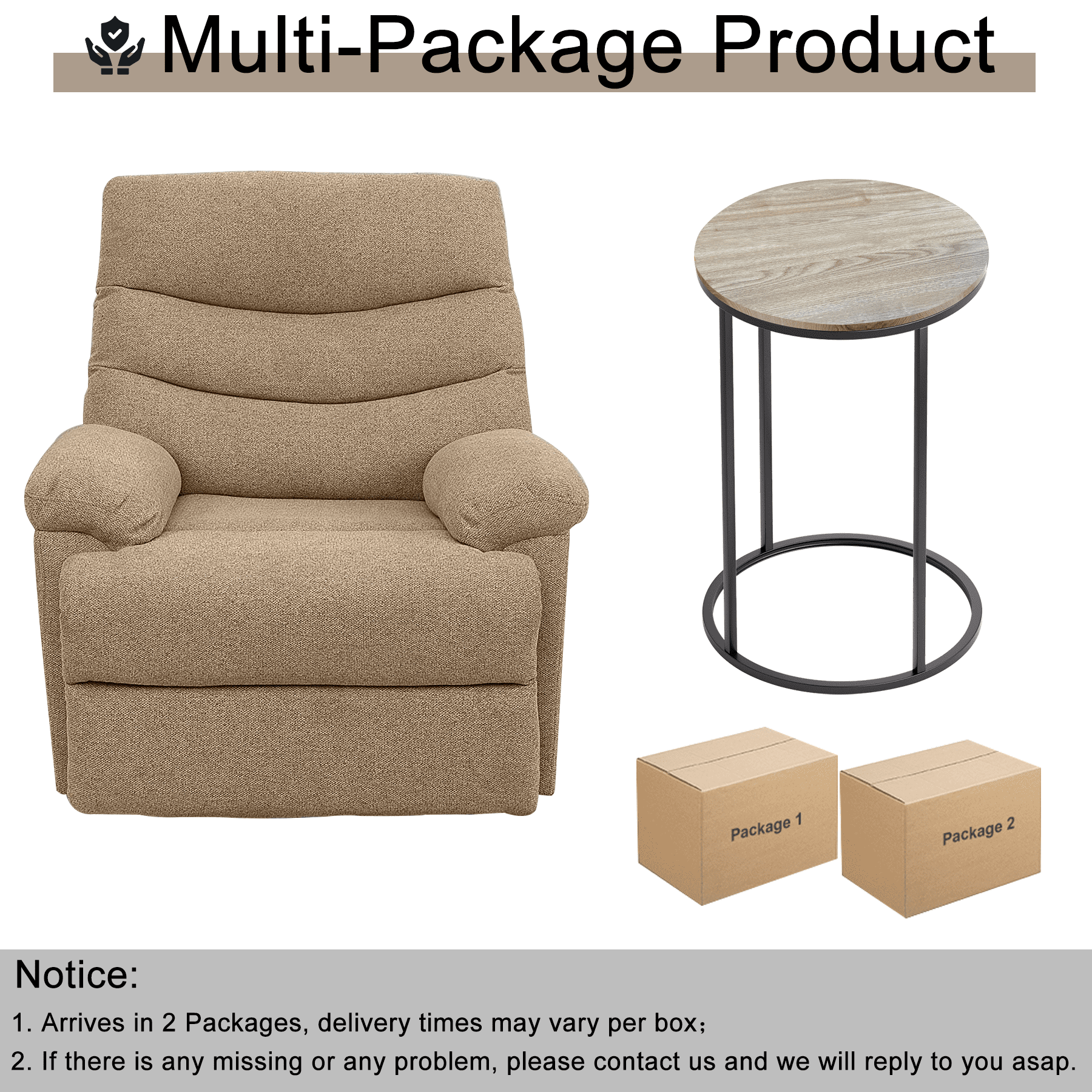 Nathaniel Home, 2pcs Accent Chair Sets, Recliner Chair with Side Table, Mocha Brown Single Manual Reclining Sofa, Snack C-Shaped Table, Round End Tables