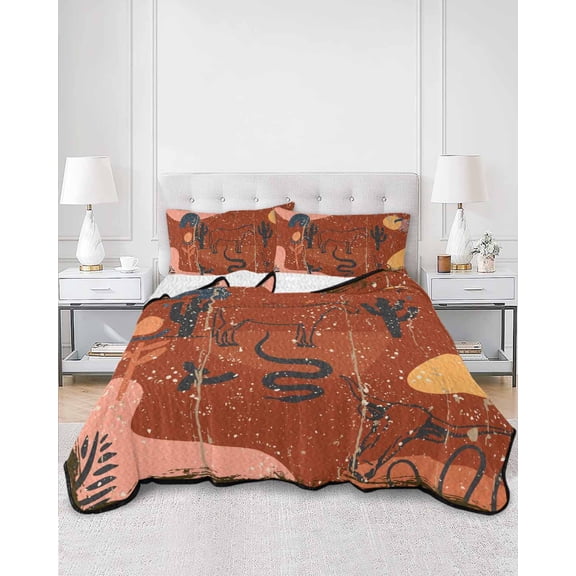 Quilts King Size, Western Boho Soft Comforter Bedding Set for Bed, Vintage Abstract Horse Cactus Plant Orange Lightweight Quilted Bedspread with Pillow Cover(2 Pieces) for All Season, 96x106 Inch