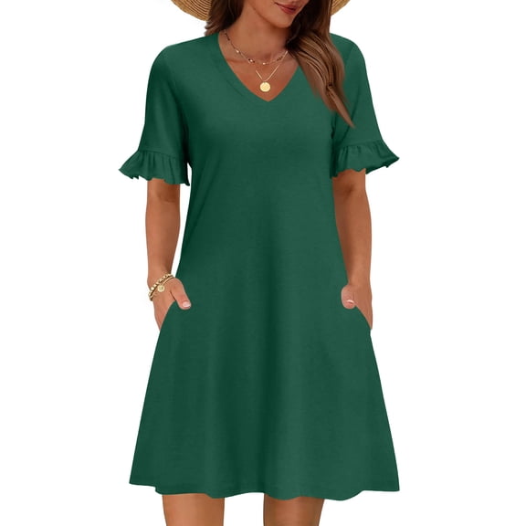 Summer Dresses for Women 2026 V Neck Ruffle Sleeve Casual Shift Dress Hawaiian Sundress Beach Vacation Clothes Dark Green 2XL