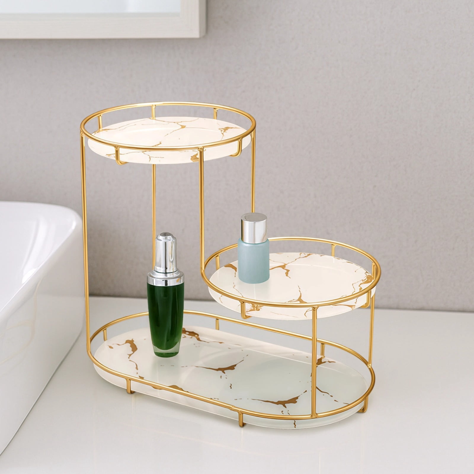 Gold Makeup Organizer, 3 Tier Countertop Bathroom Organizer, Perfume Tray, Iron Vanity Shelf, Height 10.2 in / 26 cm, White Faux Marble Texture