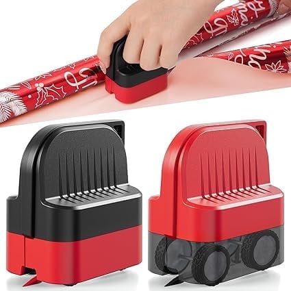 2-Pack Wrapping Paper Cutter with Wheels | Straight Line Gift Wrap Cutter for Birthday and Christmas, Fits Various Rolls and Papers (Black & Red)