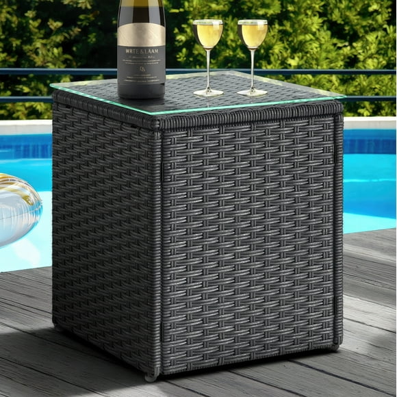 CorLiving Solterra Resin Rattan Wicker Square Patio Side Table with Glass Top, Dark Grey