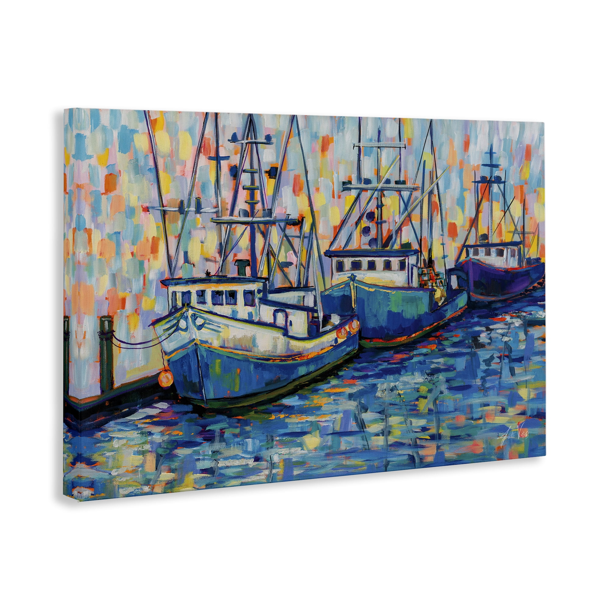 Stupell Industries Vivid Boats in Harbor Transportation Painting Gallery Wrapped Canvas Art Print Wall Art, 45 x 30