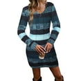 thumbnail image 2 of Women'S Striped Sweater Dress High Waist Knit Textured V Neck Long Sleeve Bodycon Dress Knit Mini Dress Navy Blue L, 2 of 10