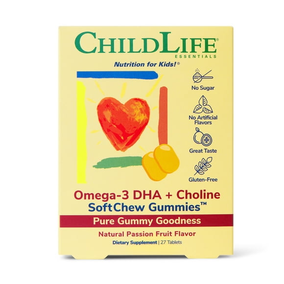 ChildLife | Omega-3 DHA y colina, gomitas masticables, sabor a Maracuyá, cont. 27 gomitas