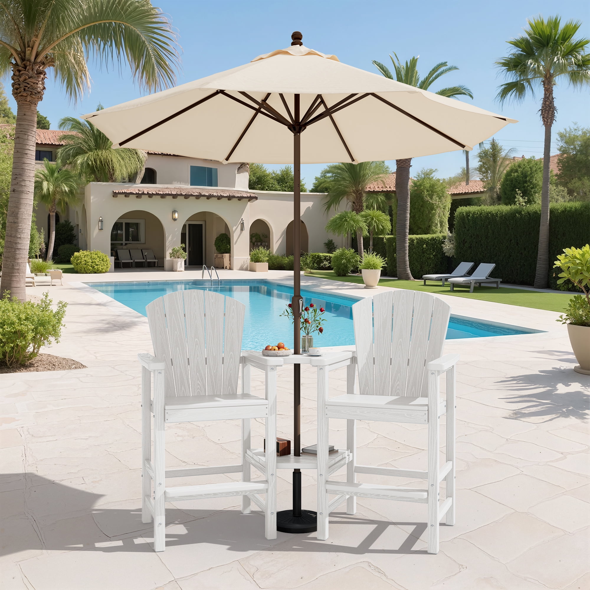 SERWALL Tall Adirondack Chairs Set of 4 with Double Layer Connecting Tray, HDPE Bar Height Outdoor Chairs, for Patio, Balcony, Porch, Pool, White